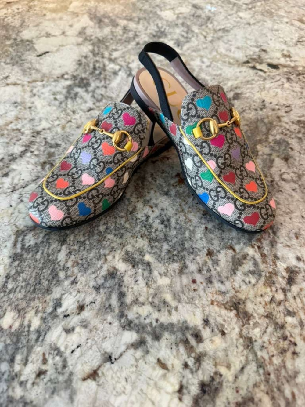 Gucci Multicolor Heart Print Horsebit Slingback Mules